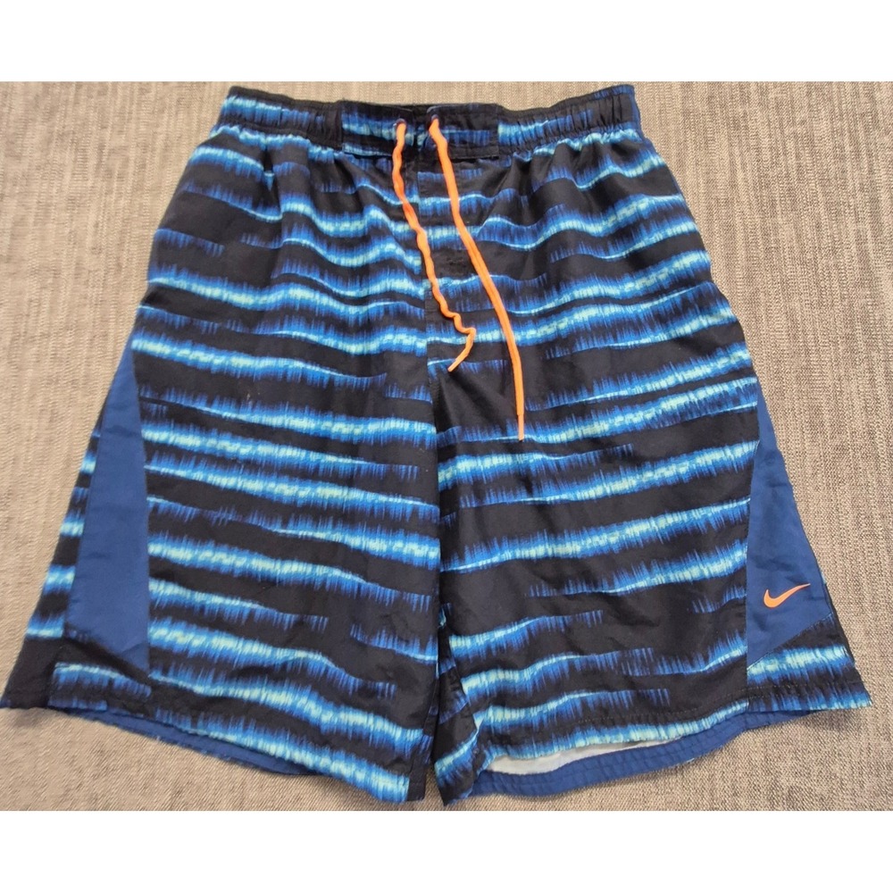 Nike men's swim trucks blue & black striped pattern orange drawstring & logo XL‎